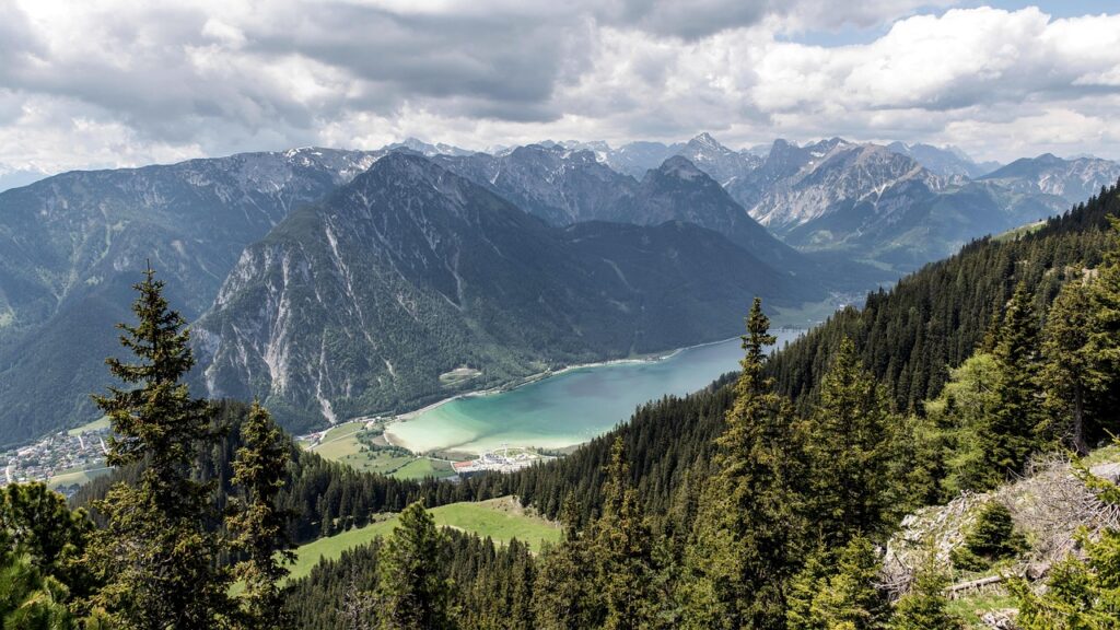 achensee, tyrol, austria, mountains, panorama, landscape, alps, alpine, mountain landscape, europe, kufstein, summer, lake, travel, tourism, nature